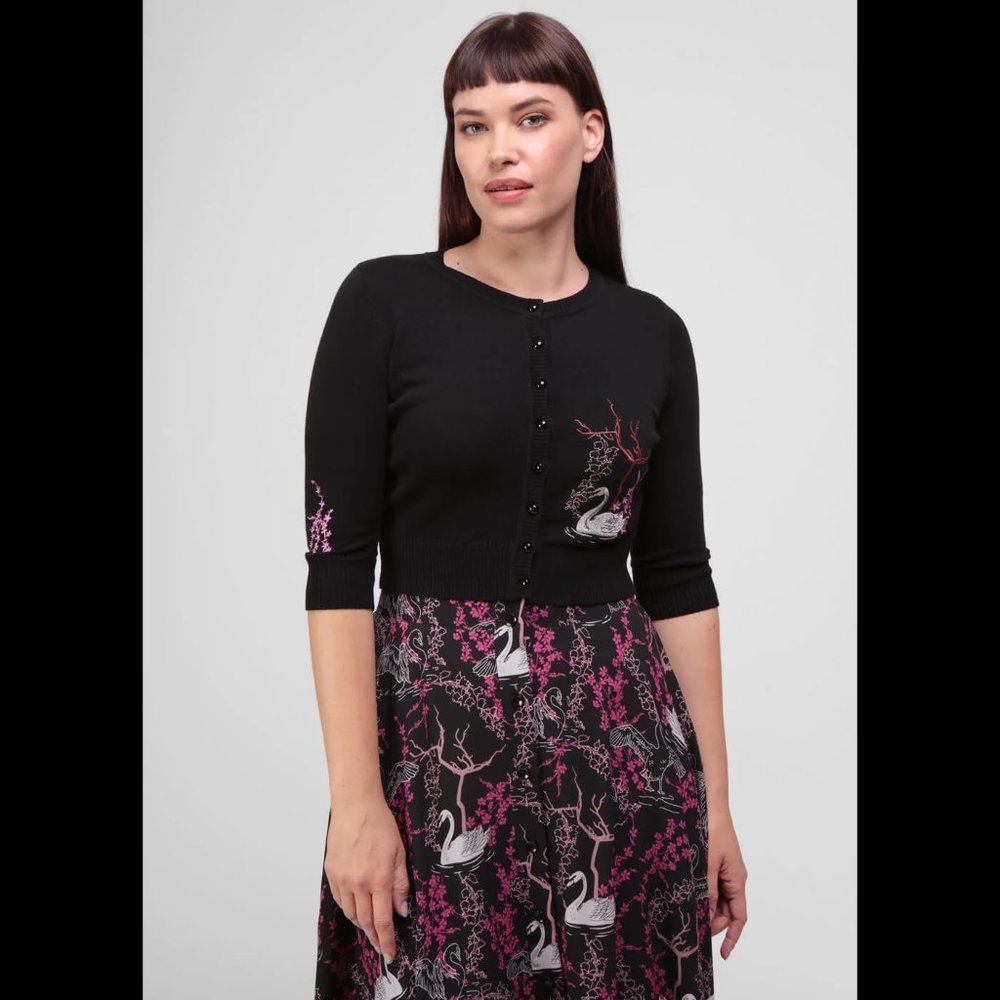 NWT Collectif Lucy Swan Forest Cardigan cropped balck XXS UK 6 - Picture 3 of 8